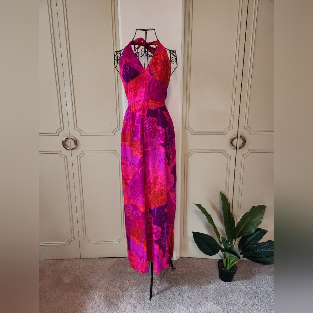 Rare Vintage Psychedelic Hawaiian 60/70s Halter Maxi Dress Size 8